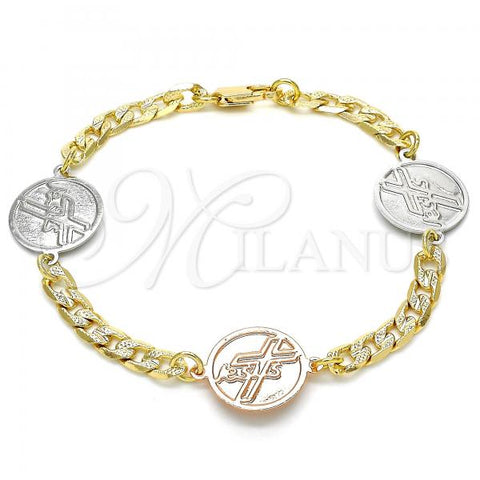Oro Laminado Fancy Bracelet, Gold Filled Style Cross Design, Polished, Two Tone, 03.63.2061.08