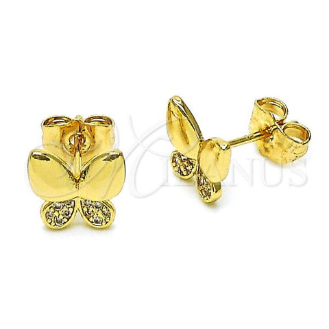 Oro Laminado Stud Earring, Gold Filled Style Butterfly Design, with White Micro Pave, Polished, Golden Finish, 02.344.0160