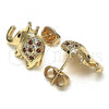 Oro Laminado Stud Earring, Gold Filled Style Elephant and Crown Design, with Garnet and White Micro Pave, Polished, Golden Finish, 02.185.0009.1