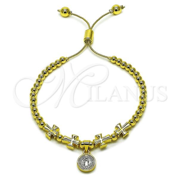 Oro Laminado Fancy Bracelet, Gold Filled Style San Benito and Cross Design, Polished, Two Tone, 03.341.0236.1.11