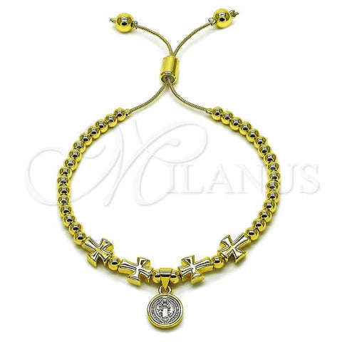 Oro Laminado Fancy Bracelet, Gold Filled Style San Benito and Cross Design, Polished, Two Tone, 03.341.0236.1.11