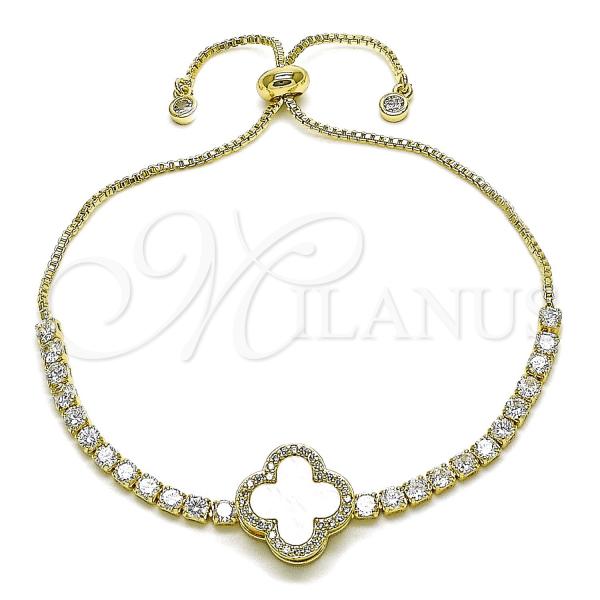 Oro Laminado Adjustable Bolo Bracelet, Gold Filled Style Four-leaf Clover and Box Design, with Ivory Mother of Pearl and White Cubic Zirconia, Polished, Golden Finish, 03.411.0070.1.11