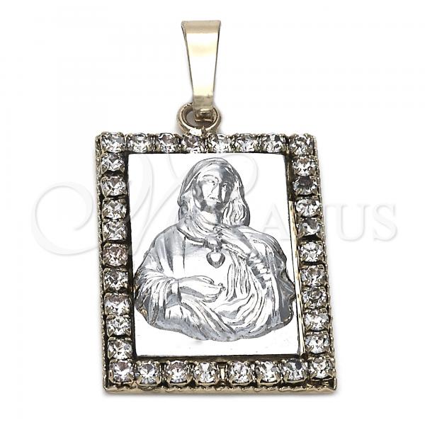 Oro Laminado Religious Pendant, Gold Filled Style Sagrado Corazon de Maria Design, with White Cubic Zirconia, Polished, Two Tone, 5.198.029