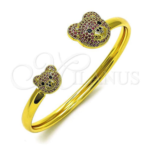 Oro Laminado Individual Bangle, Gold Filled Style Teddy Bear Design, with Ruby and Black Micro Pave, Polished, Golden Finish, 07.368.0012.2