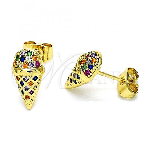 Oro Laminado Stud Earring, Gold Filled Style Ice Cream Design, with Multicolor Micro Pave, Polished, Golden Finish, 02.344.0133.1