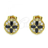 Oro Laminado Stud Earring, Gold Filled Style Flower Design, with Black Cubic Zirconia and White Micro Pave, Polished, Golden Finish, 02.387.0034.1