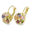 Oro Laminado Leverback Earring, Gold Filled Style Flower Design, with Multicolor Cubic Zirconia, Polished, Golden Finish, 02.210.0227.1