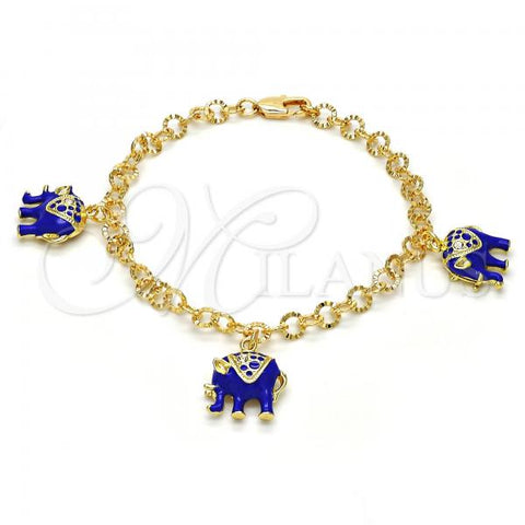 Oro Laminado Charm Bracelet, Gold Filled Style Elephant Design, with White Crystal, Blue Enamel Finish, Golden Finish, 03.63.1797.2.07