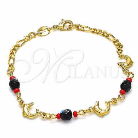 Oro Laminado Fancy Bracelet, Gold Filled Style Dolphin and Figaro Design, with Black and Orange Red Azavache, Polished, Golden Finish, 03.32.0224.07