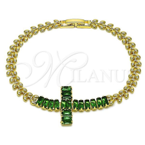 Oro Laminado Fancy Bracelet, Gold Filled Style Cross and Baguette Design, with Green Cubic Zirconia, Polished, Golden Finish, 03.424.0006.2.08