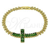 Oro Laminado Fancy Bracelet, Gold Filled Style Cross and Baguette Design, with Green Cubic Zirconia, Polished, Golden Finish, 03.424.0006.2.08