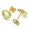 Oro Laminado Stud Earring, Gold Filled Style Heart Design, with White Micro Pave, Polished, Golden Finish, 02.342.0097