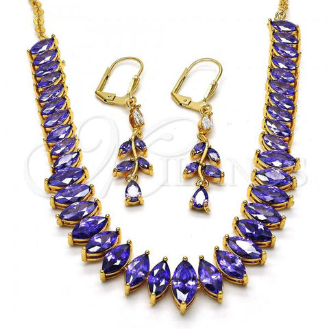 Oro Laminado Necklace and Earring, Gold Filled Style with Amethyst Cubic Zirconia, Polished, Golden Finish, 06.221.0014