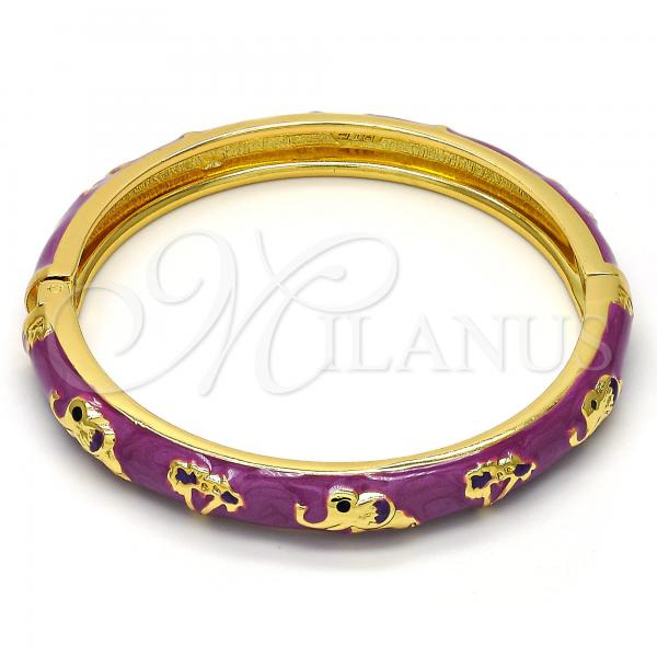 Oro Laminado Individual Bangle, Gold Filled Style Elephant and Flower Design, Purple Enamel Finish, Golden Finish, 07.246.0010.8.04 (08 MM Thickness, Size 4 - 2.25 Diameter)