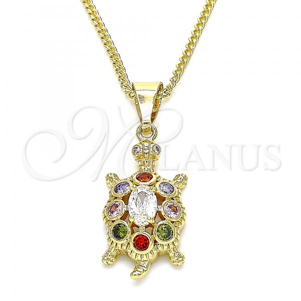 Oro Laminado Pendant Necklace, Gold Filled Style Turtle Design, with Multicolor Cubic Zirconia, Polished, Golden Finish, 04.210.0051.1.20