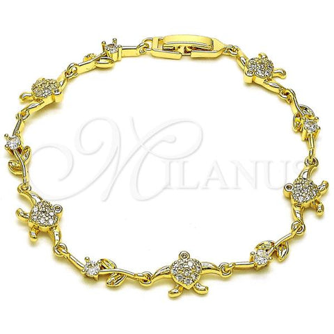 Oro Laminado Fancy Bracelet, Gold Filled Style Turtle and Leaf Design, with White Micro Pave and White Cubic Zirconia, Polished, Golden Finish, 03.284.0033.07