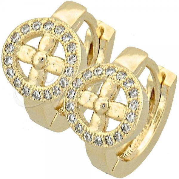 Oro Laminado Huggie Hoop, Gold Filled Style Flower Design, with White Micro Pave, Polished, Golden Finish, 02.122.0036