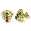 Oro Laminado Stud Earring, Gold Filled Style Heart Design, with Multicolor Cubic Zirconia, Polished, Golden Finish, 02.411.0010.1