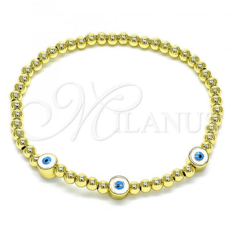 Oro Laminado Fancy Bracelet, Gold Filled Style Expandable Bead and Evil Eye Design, White Enamel Finish, Golden Finish, 03.341.0138.2.07