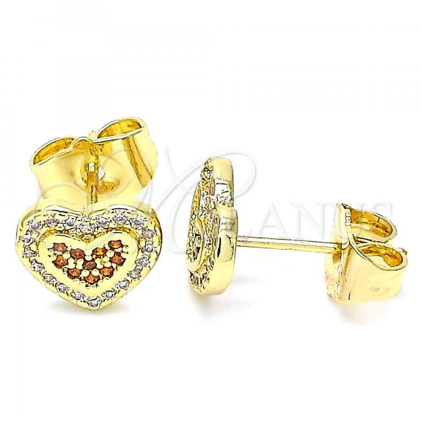 Oro Laminado Stud Earring, Gold Filled Style Heart Design, with Garnet and White Micro Pave, Polished, Golden Finish, 02.156.0506.1