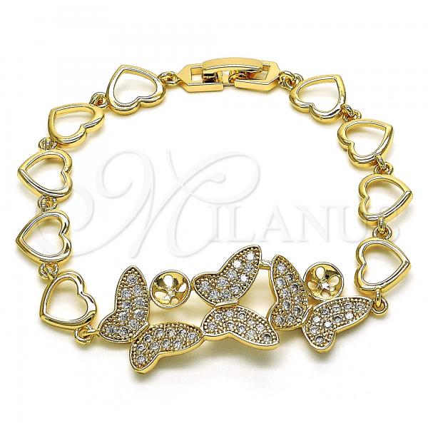 Oro Laminado Fancy Bracelet, Gold Filled Style Butterfly and Heart Design, with White Micro Pave, Polished, Golden Finish, 03.283.0244.07