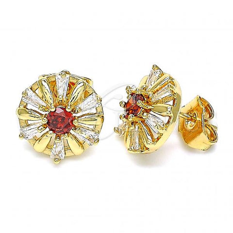 Oro Laminado Stud Earring, Gold Filled Style Flower Design, with Garnet and White Cubic Zirconia, Polished, Golden Finish, 02.387.0033