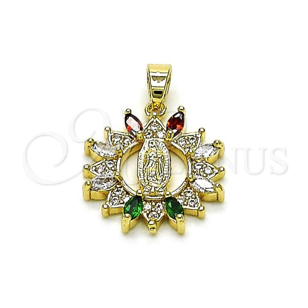 Oro Laminado Religious Pendant, Gold Filled Style Guadalupe Design, with Multicolor and White Cubic Zirconia, Polished, Golden Finish, 05.210.0009.1