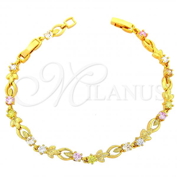 Oro Laminado Fancy Bracelet, Gold Filled Style Leaf and Flower Design, with Multicolor Cubic Zirconia, Diamond Cutting Finish, Golden Finish, 03.60.0020