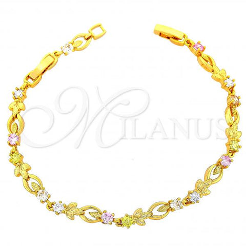Oro Laminado Fancy Bracelet, Gold Filled Style Leaf and Flower Design, with Multicolor Cubic Zirconia, Diamond Cutting Finish, Golden Finish, 03.60.0020