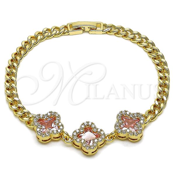 Oro Laminado Fancy Bracelet, Gold Filled Style Four-leaf Clover and Miami Cuban Design, with White Cubic Zirconia and White Micro Pave, Polished, Golden Finish, 03.283.0434.3.07