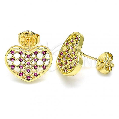 Oro Laminado Stud Earring, Gold Filled Style Heart Design, with Ruby Micro Pave, Polished, Golden Finish, 02.156.0476.1