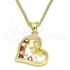 Oro Laminado Pendant Necklace, Gold Filled Style Heart and Bow Design, with Garnet and White Cubic Zirconia, Polished, Golden Finish, 04.195.0013.1.20