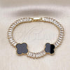 Oro Laminado Fancy Bracelet, Gold Filled Style Four-leaf Clover and Baguette Design, with Black Mother of Pearl and White Cubic Zirconia, Polished, Golden Finish, 03.283.0419.07