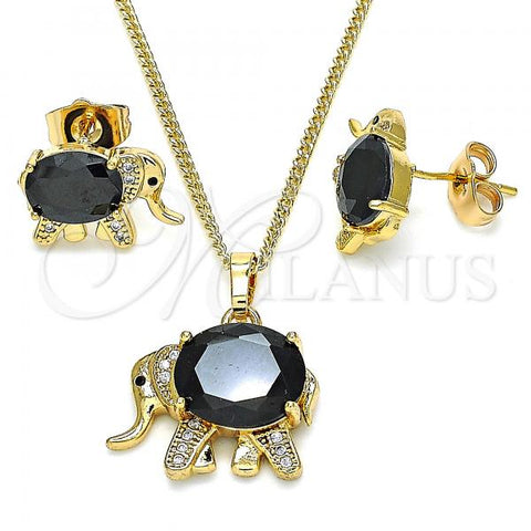 Oro Laminado Earring and Pendant Adult Set, Gold Filled Style Elephant Design, with Black Cubic Zirconia and White Micro Pave, Polished, Golden Finish, 10.210.0125.1
