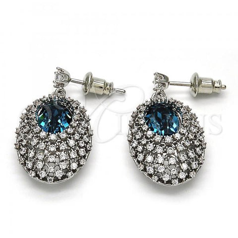 Rhodium Plated Dangle Earring, with White Cubic Zirconia and Indicolite Swarovski Crystals, Polished, Rhodium Finish, 02.26.0140