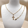 Oro Laminado Necklace and Bracelet, Gold Filled Style Cross and Figaro Design, Polished, Golden Finish, 06.63.0280