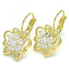 Oro Laminado Leverback Earring, Gold Filled Style Butterfly and Flower Design, with White Cubic Zirconia, Polished, Golden Finish, 02.210.0221