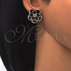 Oro Laminado Stud Earring, Gold Filled Style Flower Design, with Black and White Crystal, Polished, Golden Finish, 02.64.0641.4