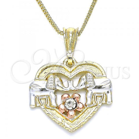 Oro Laminado Pendant Necklace, Gold Filled Style Heart and Elephant Design, with White Crystal, Polished, Tricolor, 04.351.0020.2.20