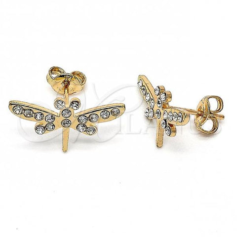 Oro Laminado Stud Earring, Gold Filled Style Butterfly Design, with White Crystal, Polished, Golden Finish, 02.59.0093