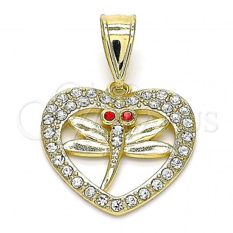 Oro Laminado Fancy Pendant, Gold Filled Style Dragon-Fly and Heart Design, with White and Garnet Crystal, Polished, Golden Finish, 05.253.0113