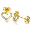 Oro Laminado Stud Earring, Gold Filled Style Heart Design, with White Micro Pave, Polished, Golden Finish, 02.342.0091