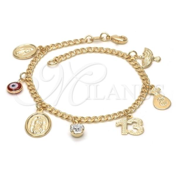 Oro Laminado Charm Bracelet, Gold Filled Style Guadalupe and Evil Eye Design, with White Cubic Zirconia, Red Resin Finish, Golden Finish, 03.32.0072.07