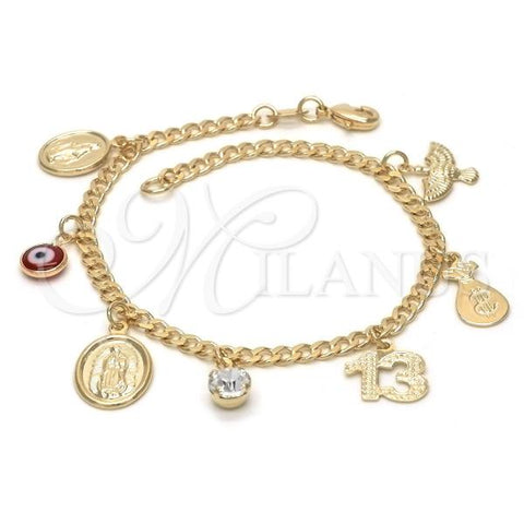 Oro Laminado Charm Bracelet, Gold Filled Style Guadalupe and Evil Eye Design, with White Cubic Zirconia, Red Resin Finish, Golden Finish, 03.32.0072.07