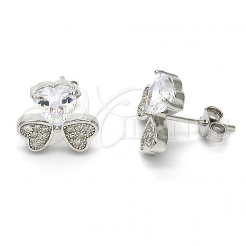 Sterling Silver Stud Earring, Heart Design, with White Cubic Zirconia and White Micro Pave, Polished, Rhodium Finish, 02.175.0104