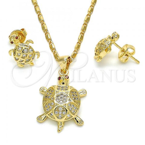 Oro Laminado Earring and Pendant Adult Set, Gold Filled Style Turtle Design, with Ruby and White Micro Pave, Polished, Golden Finish, 10.156.0164