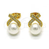 Oro Laminado Stud Earring, Gold Filled Style with Ivory Pearl and White Micro Pave, Polished, Golden Finish, 02.342.0241