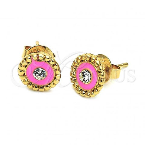 Oro Laminado Stud Earring, Gold Filled Style Flower Design, with White Crystal, Pink Enamel Finish, Golden Finish, 02.64.0269 *PROMO*