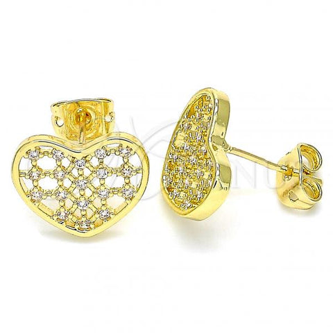 Oro Laminado Stud Earring, Gold Filled Style Heart Design, with White Micro Pave, Polished, Golden Finish, 02.156.0476