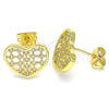 Oro Laminado Stud Earring, Gold Filled Style Heart Design, with White Micro Pave, Polished, Golden Finish, 02.156.0476